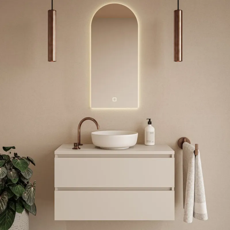 Veilige Betaling Fontana Proma badkamermeubel 100cm met mat witte waskom en LED spiegel warm linnen
