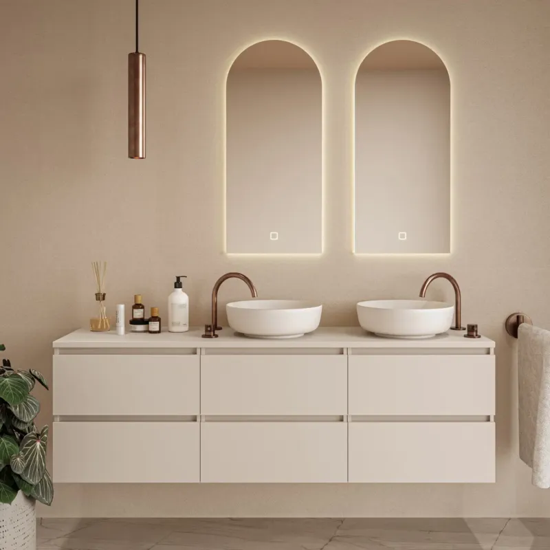 Fontana Proma badkamermeubel 180cm met mat witte waskommen en LED spiegels warm linnen Exclusieve Aanbieding
