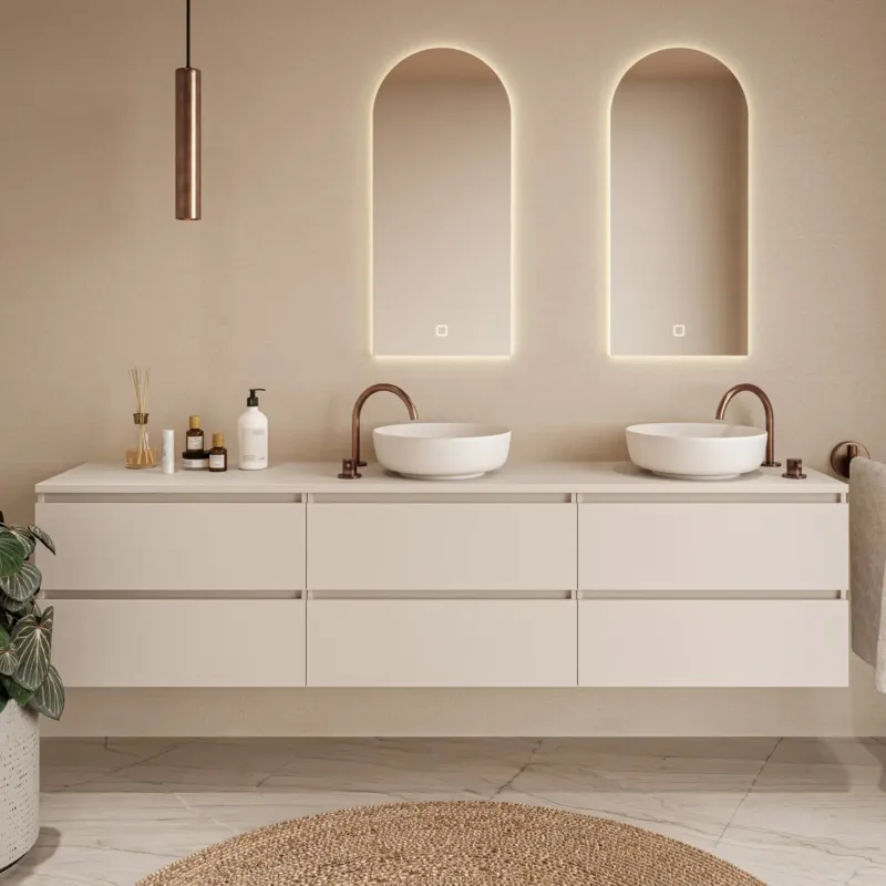 Koop Vandaag Fontana Proma badkamermeubel 240cm met mat witte waskommen en LED spiegels warm linnen
