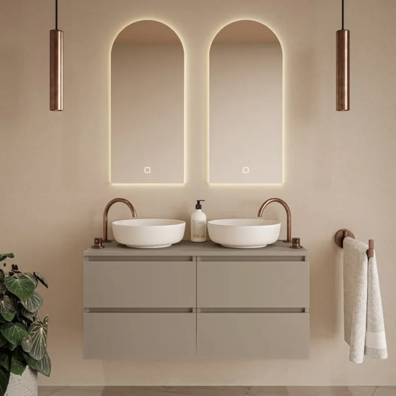 Dagaanbieding Fontana Proma badkamermeubel 120cm met mat witte waskommen en LED spiegel taupe