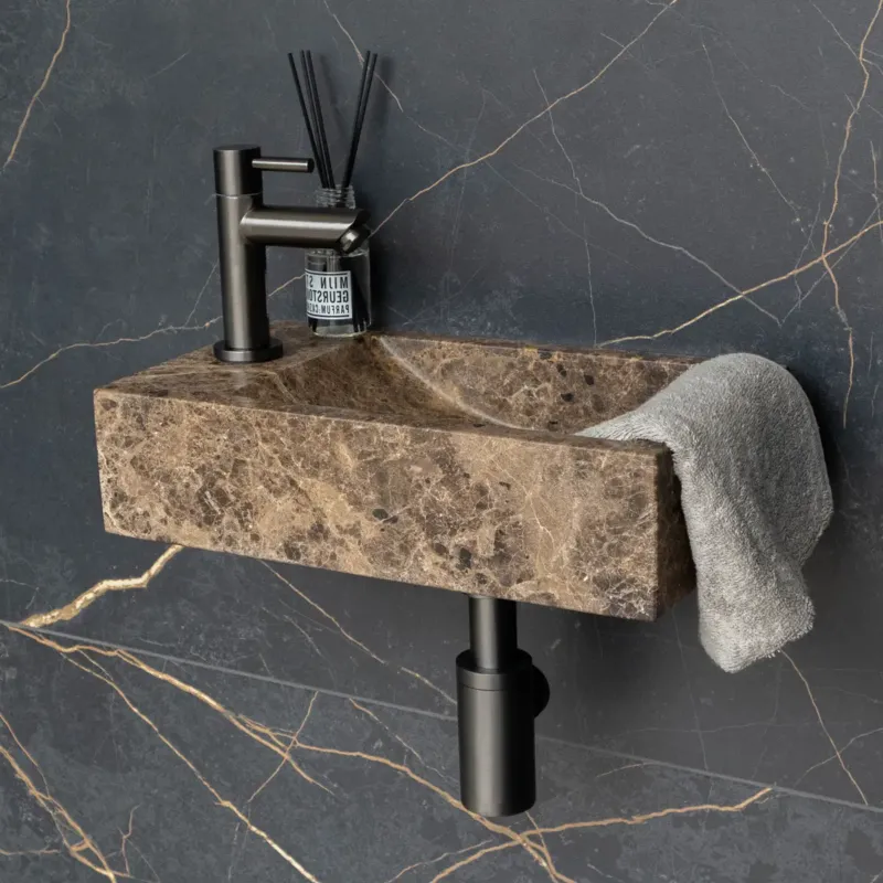 Express Levering Saniclear Dark Emperador fonteinset met rechte kraan links in gunmetal