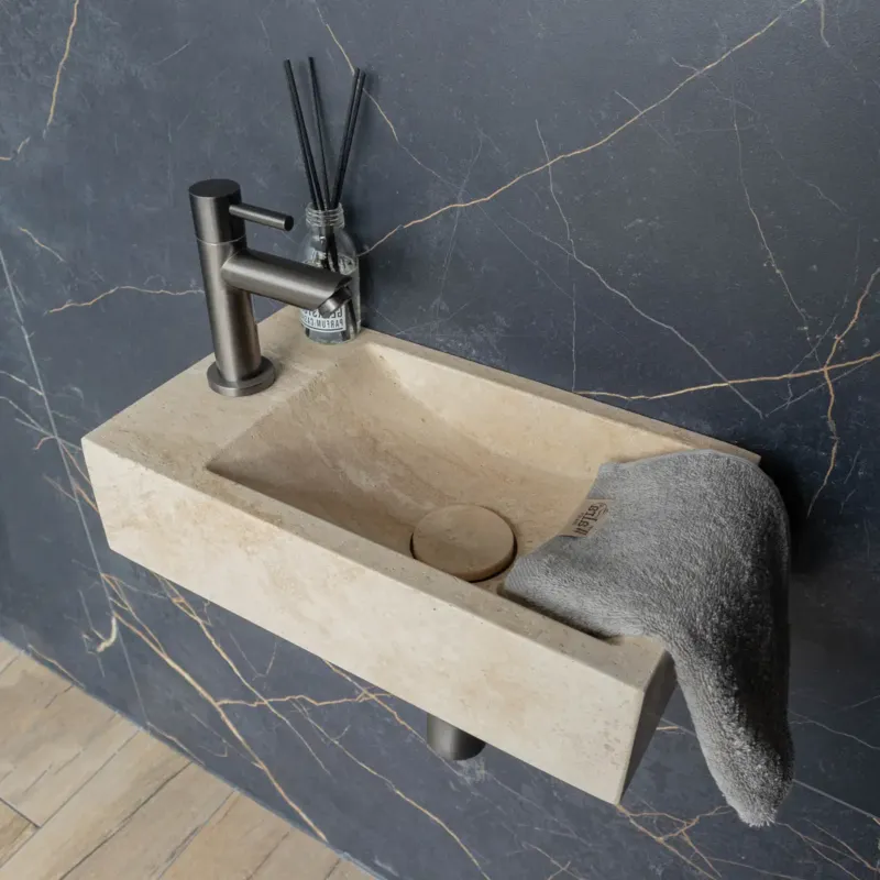Saniclear White Travertin fonteinset met rechte kraan links in gunmetal Beste Prijs