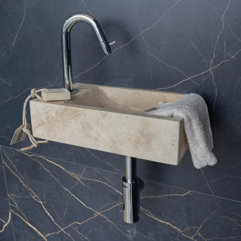 Fabrieksprijs Saniclear White Travertin fonteinset met gebogen kraan links in chroom