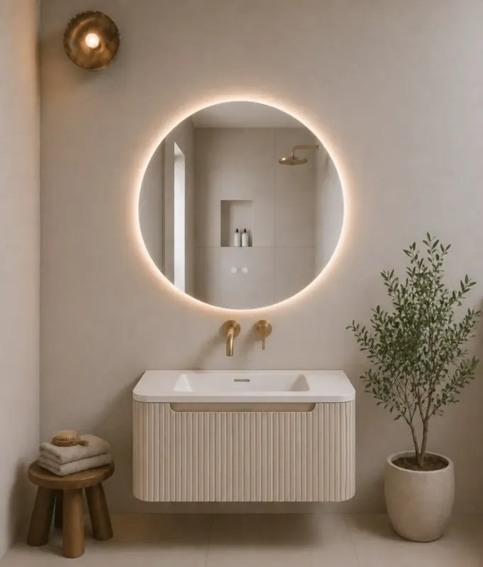 Mueller Rounda badkamermeubel beige mat geribbeld met afgeronde hoeken 80cm en witte wastafel zonder kraangat Betrouwbaar