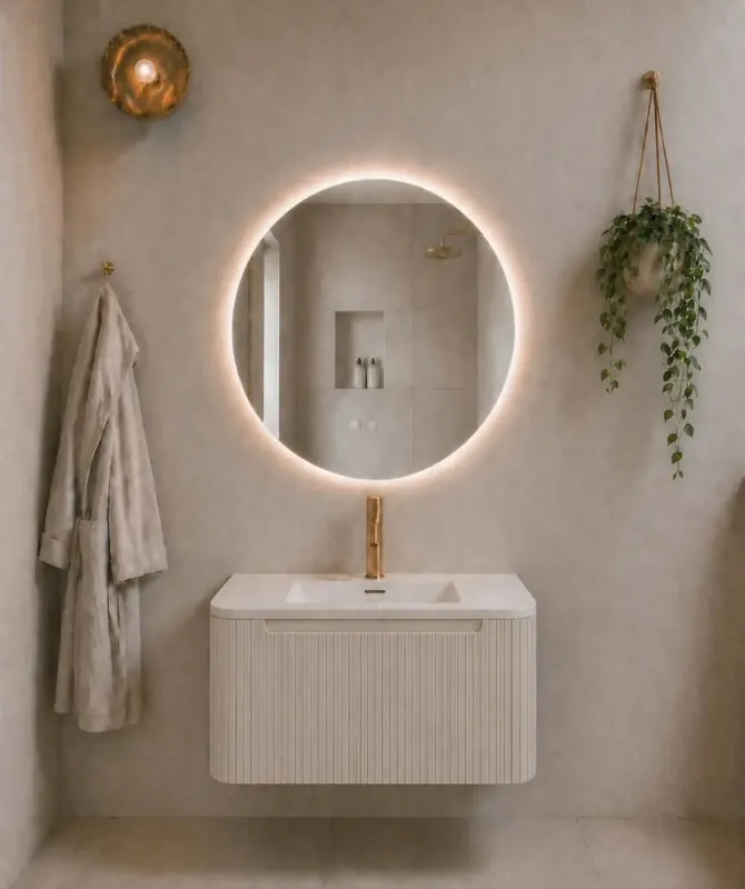 Favoriet Mueller Rounda badkamermeubel beige mat geribbeld met afgeronde hoeken 80cm en witte wastafel met kraangat