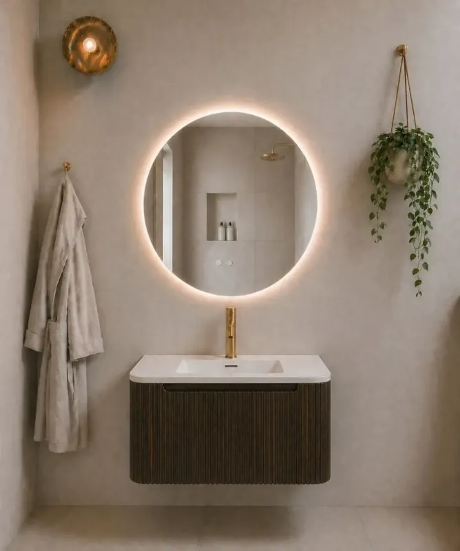 Dagaanbieding Mueller Rounda badkamermeubel eiken bruin geribbeld met afgeronde hoeken 80cm en witte wastafel met kraangat