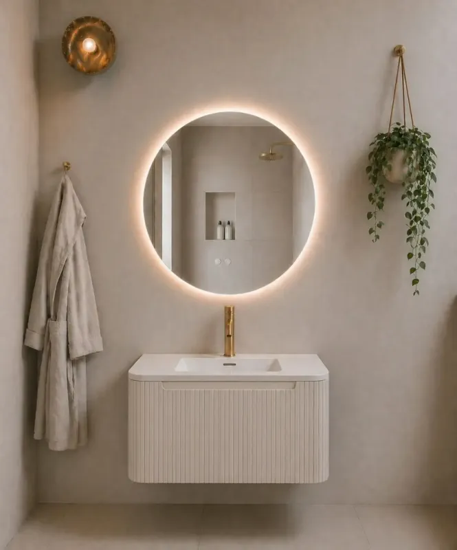 Goedkoop Mueller Rounda badkamermeubel eiken licht geribbeld met afgeronde hoeken 80cm en witte wastafel met kraangat
