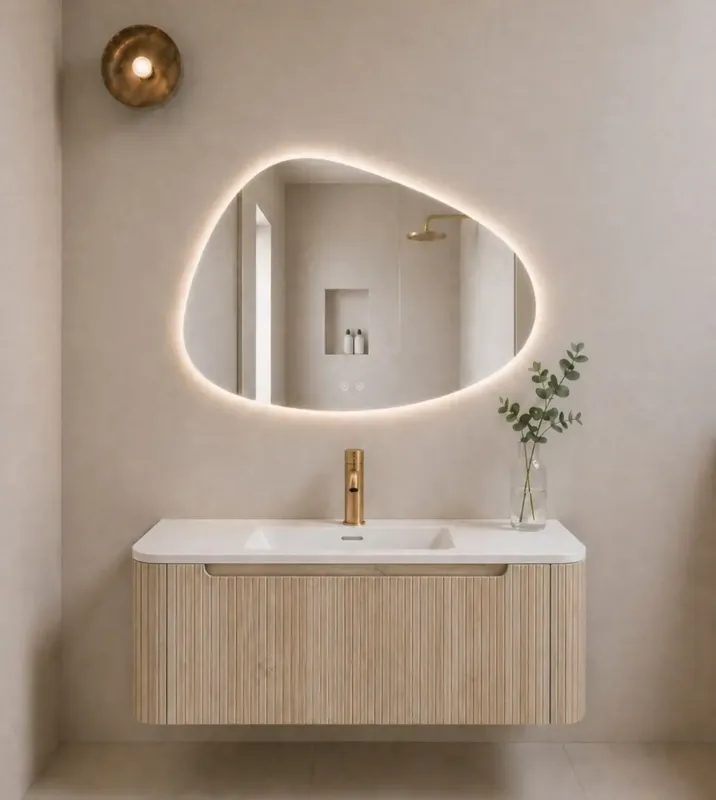 Flitsaanbieding Mueller Rounda badkamermeubel eiken licht geribbeld met afgeronde hoeken 120cm en witte wastafel met kraangat