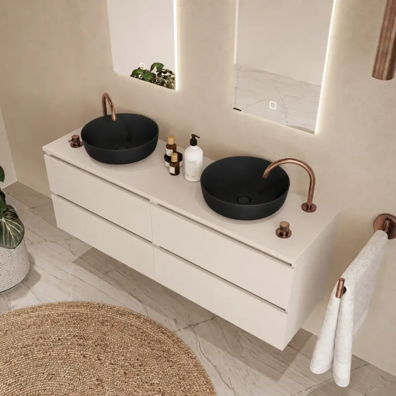 Fontana Proma badmeubel 160cm met zwarte waskommen warm linnen Favoriet