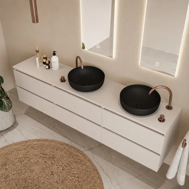 Fontana Proma badmeubel 240cm met zwarte waskommen warm linnen Uitverkoop