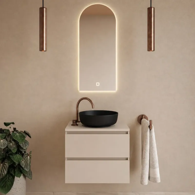 Nu Kopen Fontana Proma badkamermeubel 60cm met zwarte waskom en LED spiegel warm linnen