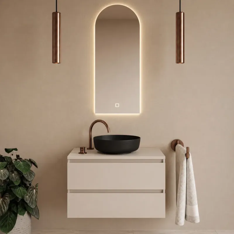 Fontana Proma badkamermeubel 80cm met zwarte waskom en LED spiegel warm linnen Populair