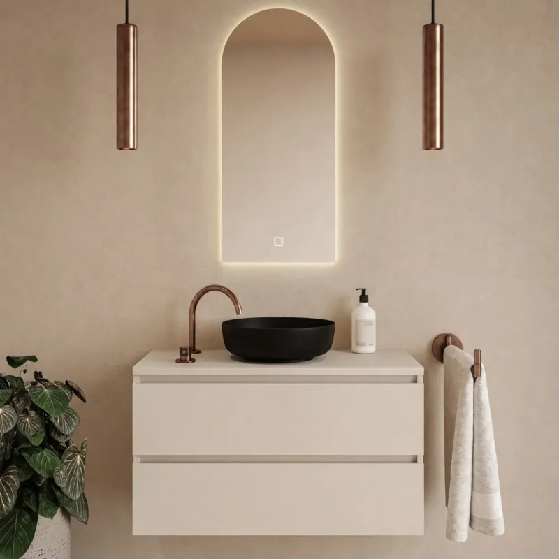 Finale Uitverkoop Fontana Proma badkamermeubel 100cm met zwarte waskom en LED spiegel warm linnen