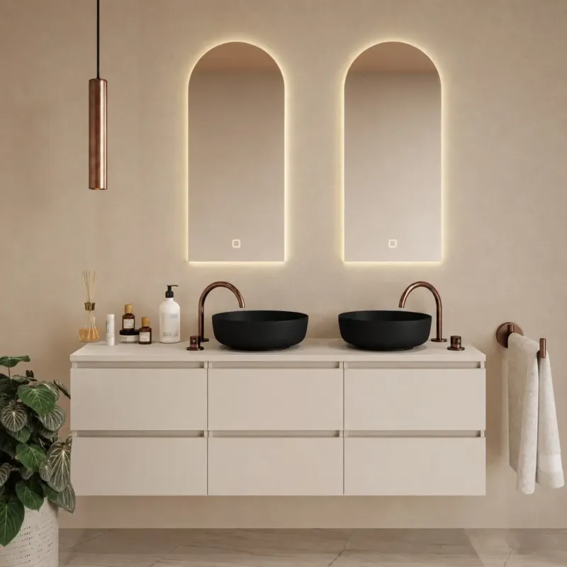 Express Levering Fontana Proma badkamermeubel 180cm met zwarte waskommen en LED spiegels warm linnen