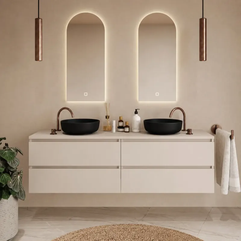 Weekendaanbieding Fontana Proma badkamermeubel 200cm met zwarte waskommen en LED spiegels warm linnen