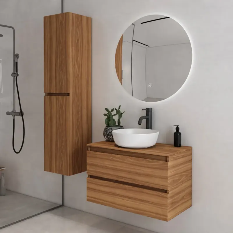 Lage Prijs Fontana Proma badkamermeubel 80cm met witte waskom en LED spiegel walnoot