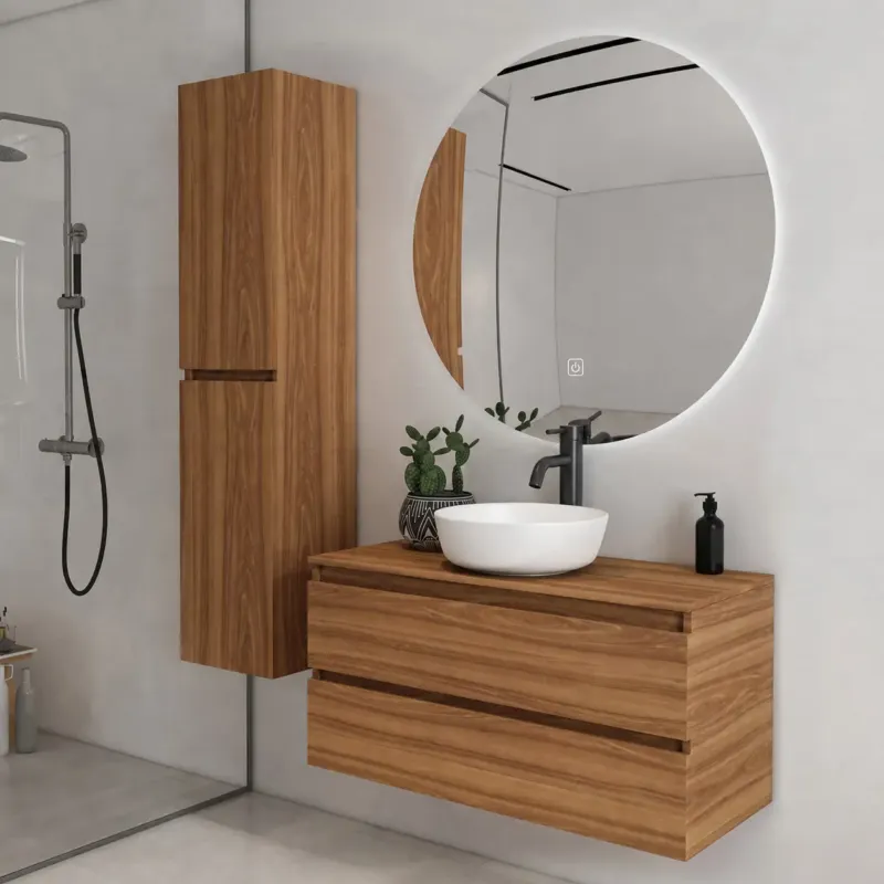 Speciale Aanbieding Fontana Proma badkamermeubel 100cm met witte waskom en LED spiegel walnoot