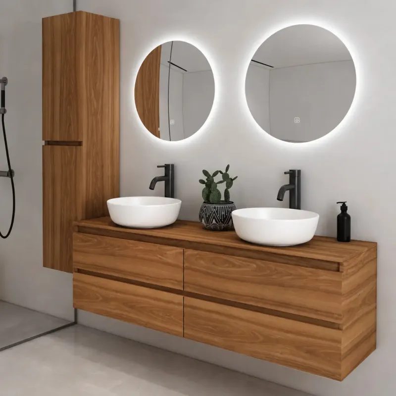 Hoge Kwaliteit Fontana Proma badkamermeubel 160cm met witte waskommen en LED spiegels walnoot