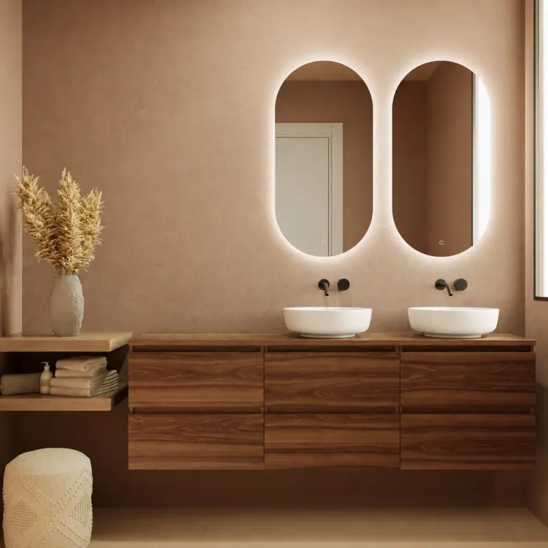 Bestel Nu Fontana Proma badkamermeubel 180cm met witte waskommen en LED spiegels walnoot