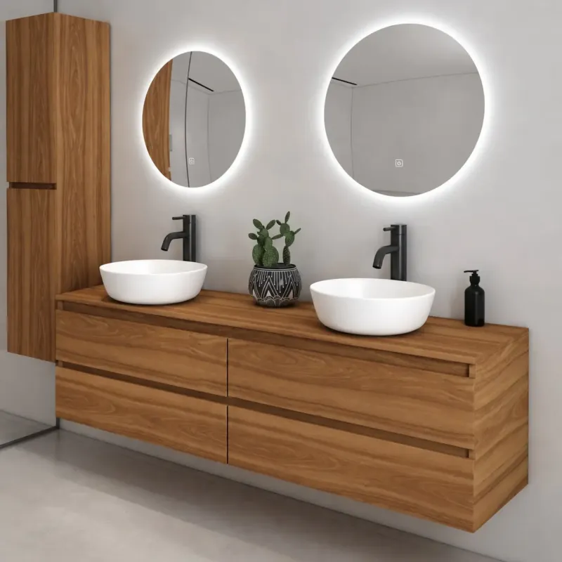 Direct Beschikbaar Fontana Proma badkamermeubel 200cm met witte waskommen en LED spiegels walnoot