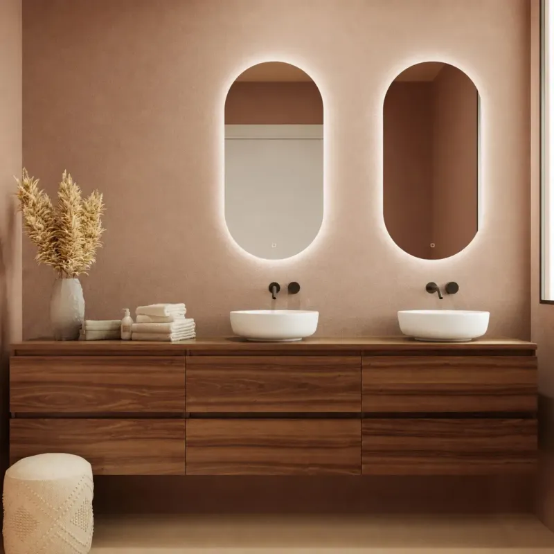 Alleen Vandaag Fontana Proma badkamermeubel 240cm met witte waskommen en LED spiegels walnoot