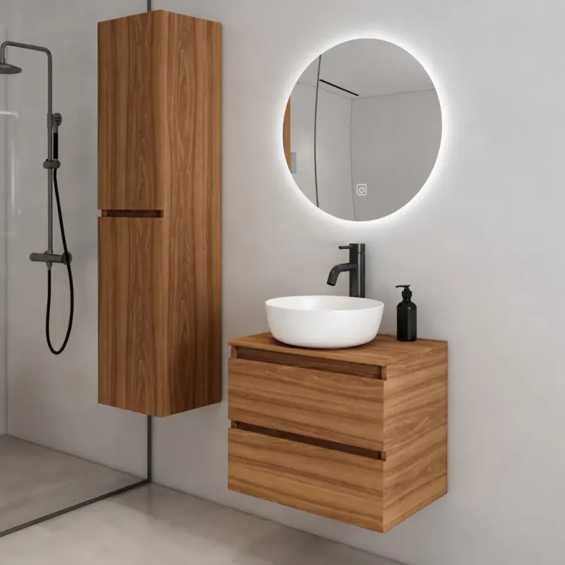 Fontana Proma badkamermeubel 60cm met mat witte waskom en LED spiegel walnoot Premium