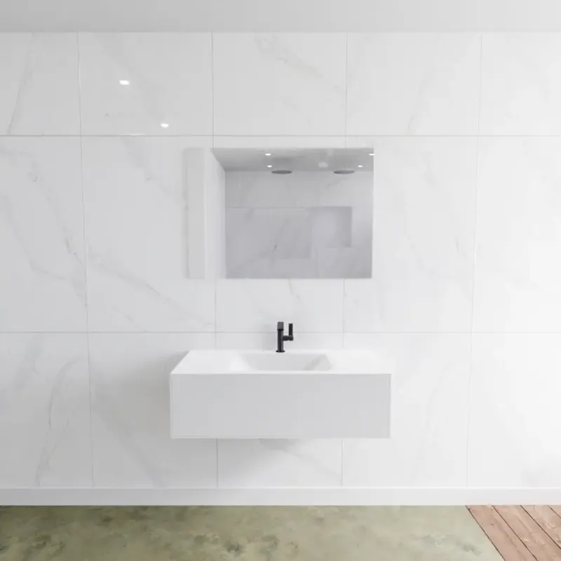 SCHADEMODEL Zaro Lagom volledig naadloos solid surface onderkast 100cm mat wit met 1 lade Push tot open. Compleet met solid surface wastafel met 1 kraangat(en) Laatste Kans