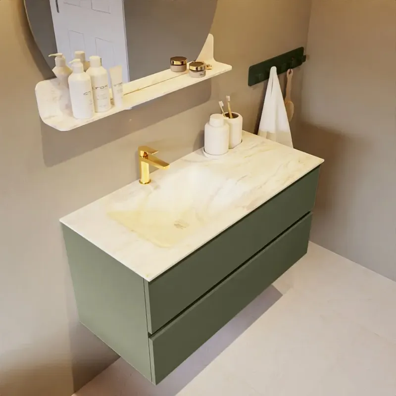 Lage Prijs Mondiaz Vica DLux badmeubel 100cm army 2 lades met wastafel ostra links 1 kraangat