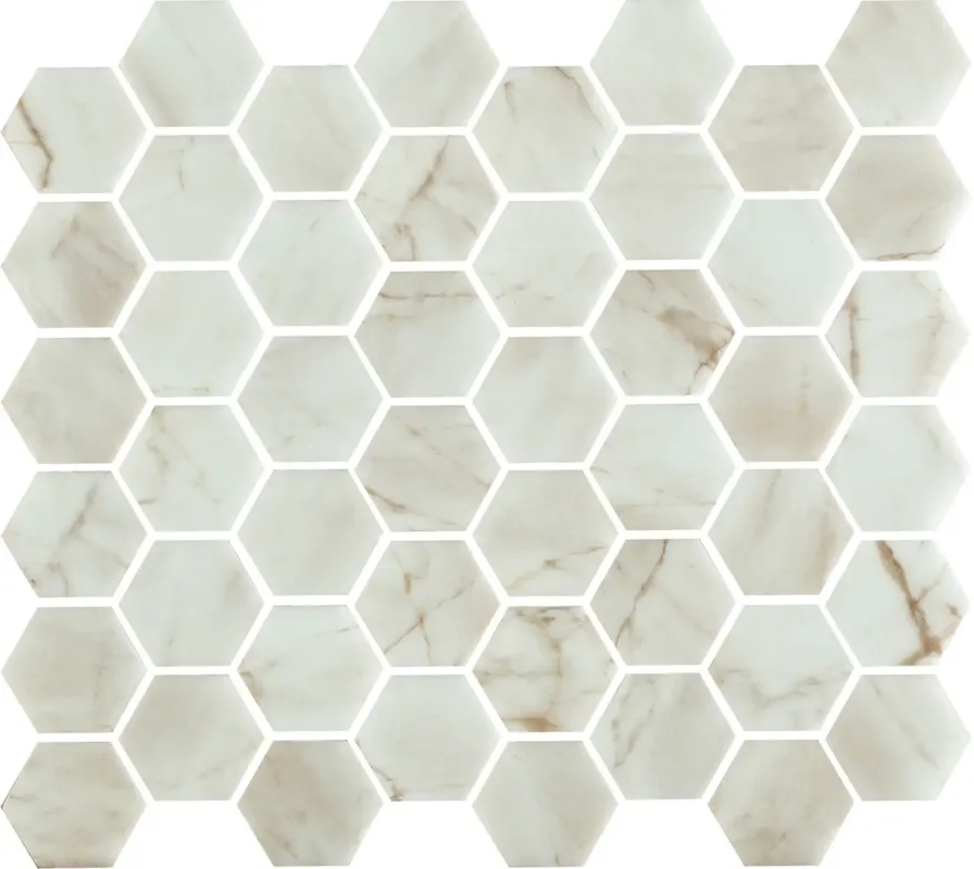 Tegelsample The Mosaic Factory Valencia hexagon glasmozaïek tegels 28x33cm bianco marble Lage Kosten