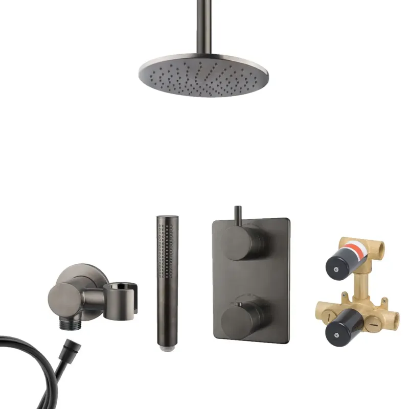 Snelle Levering Mueller Ferro inbouw regendouche met hoofddouche 25cm en plafondarm 15cm gunmetal - verouderd ijzer