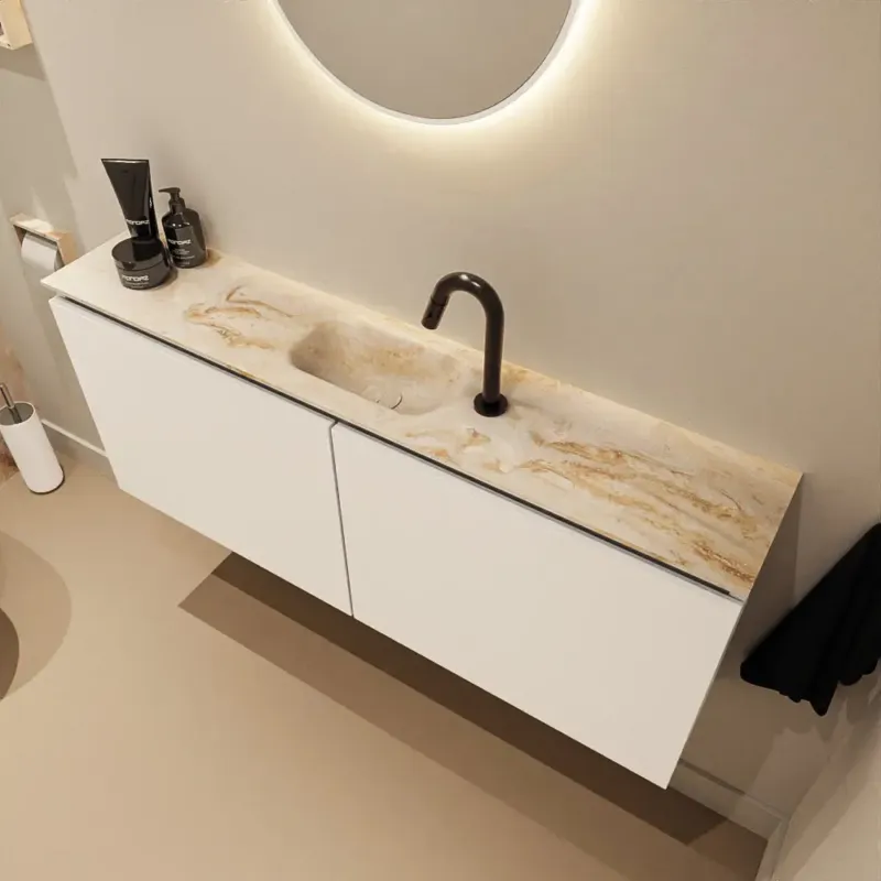 Aanbieding Mondiaz Ture DLux toiletmeubel 120cm talc met wastafel frappe midden met kraangat