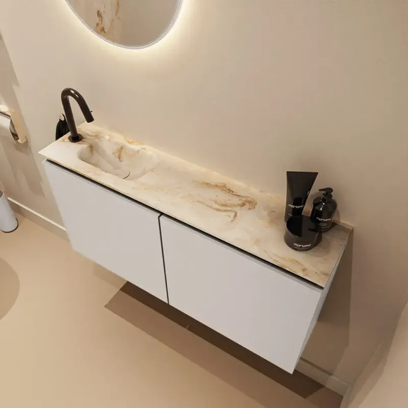 Merkproduct Mondiaz Ture DLux toiletmeubel 100cm linen met wastafel frappe links met kraangat