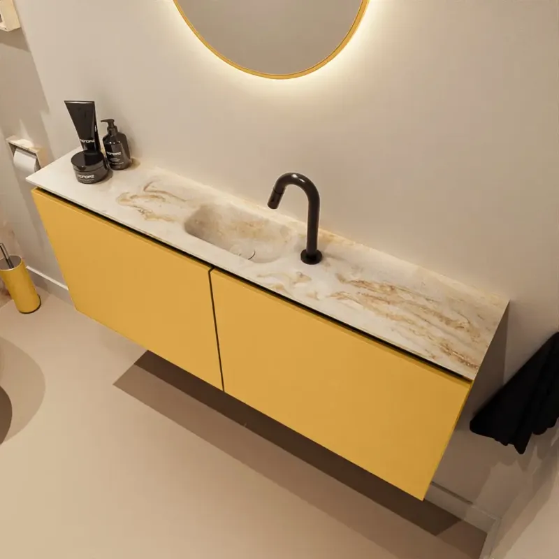 Koopje Mondiaz Ture DLux toiletmeubel 120cm ocher met wastafel frappe midden met kraangat