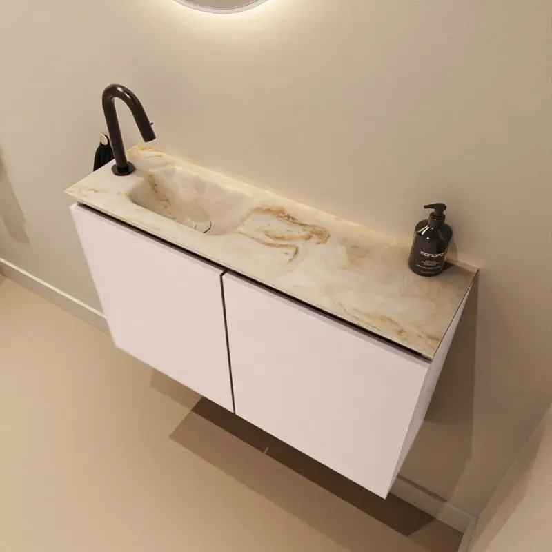 Uitverkoop Mondiaz Ture DLux toiletmeubel 80cm rosee met wastafel frappe links met kraangat