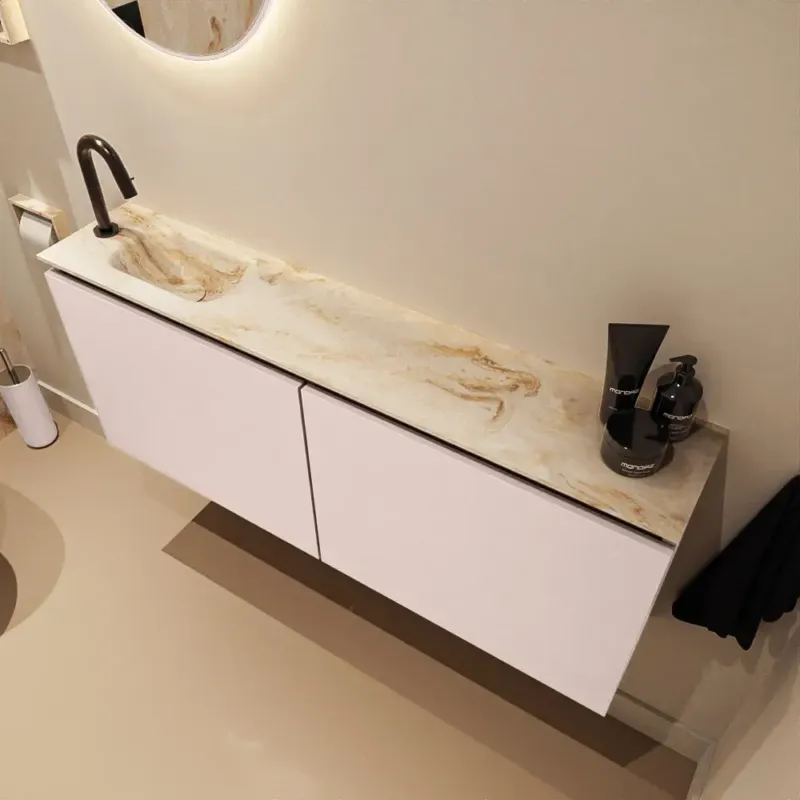Lage Prijs Mondiaz Ture DLux toiletmeubel 120cm rosee met wastafel frappe links met kraangat