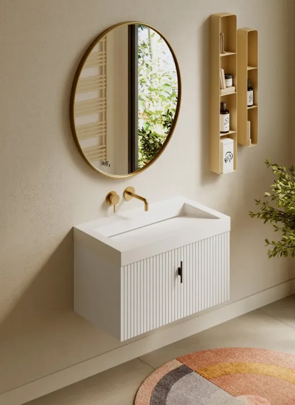 Actieprijs Muebles Calas badmeubel ribbelfront 80cm wit mat met solid surface wastafel zonder kraangat