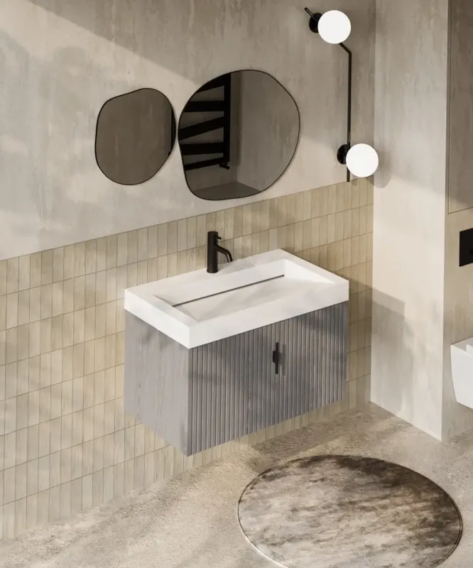 Rechtstreeks Van De Fabrikant Muebles Calas badmeubel ribbelfront 80cm grijs eiken met solid surface wastafel met kraangat