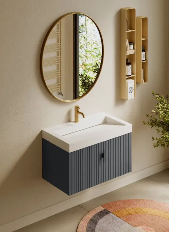 Weekendaanbieding Muebles Calas badmeubel ribbelfront 80cm antraciet mat met solid surface wastafel met kraangat