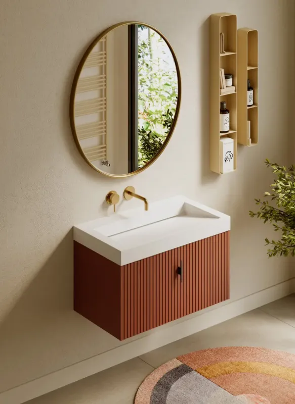 Populair Muebles Calas badmeubel ribbelfront 80cm terracotta met solid surface wastafel zonder kraangat