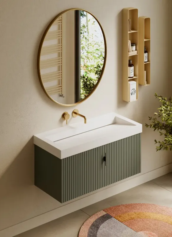 Nu Kopen Muebles Calas badmeubel ribbelfront 100cm legergroen met solid surface wastafel zonder kraangat