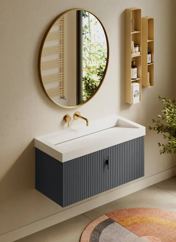 Weekendaanbieding Muebles Calas badmeubel ribbelfront 100cm antraciet mat met solid surface wastafel zonder kraangat