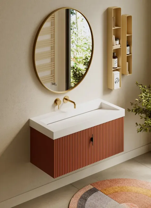 Voordeelprijs Muebles Calas badmeubel ribbelfront 100cm terracotta met solid surface wastafel zonder kraangat