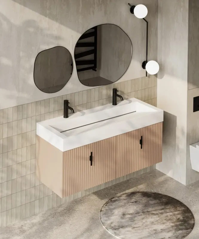 Koopje Muebles Calas badmeubel ribbelfront 120cm macchiato met solid surface wastafel met kraangaten