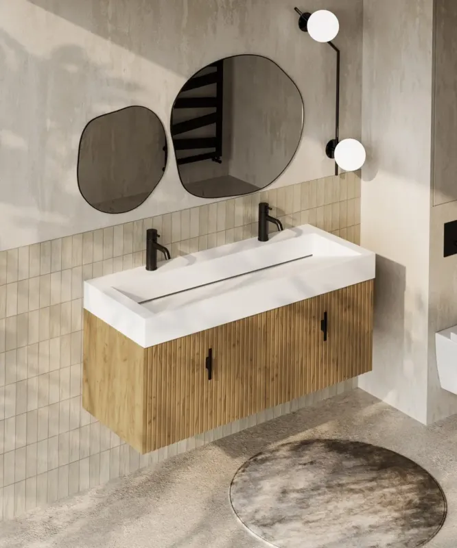 Express Levering Muebles Calas badmeubel ribbelfront 120cm warm eiken met solid surface wastafel met kraangaten