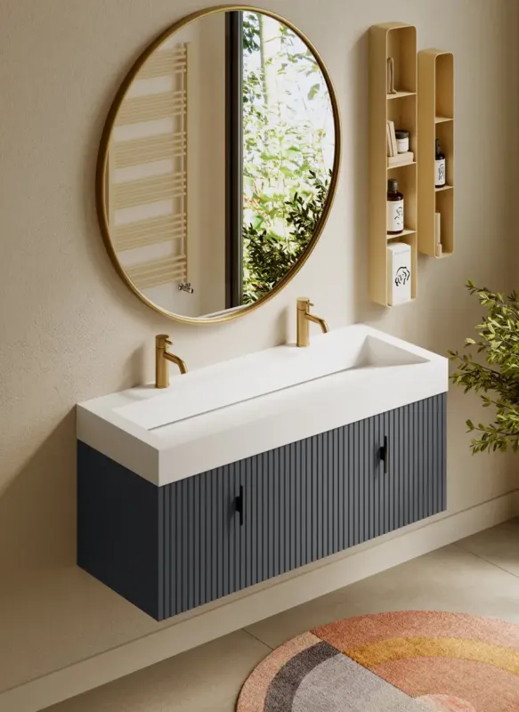 Merkproduct Muebles Calas badmeubel ribbelfront 120cm antraciet mat met solid surface wastafel met kraangaten