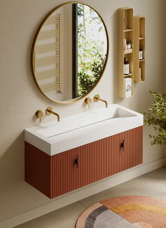 Tijdelijk Beschikbaar Muebles Calas badmeubel ribbelfront 120cm terracotta met solid surface wastafel zonder kraangaten