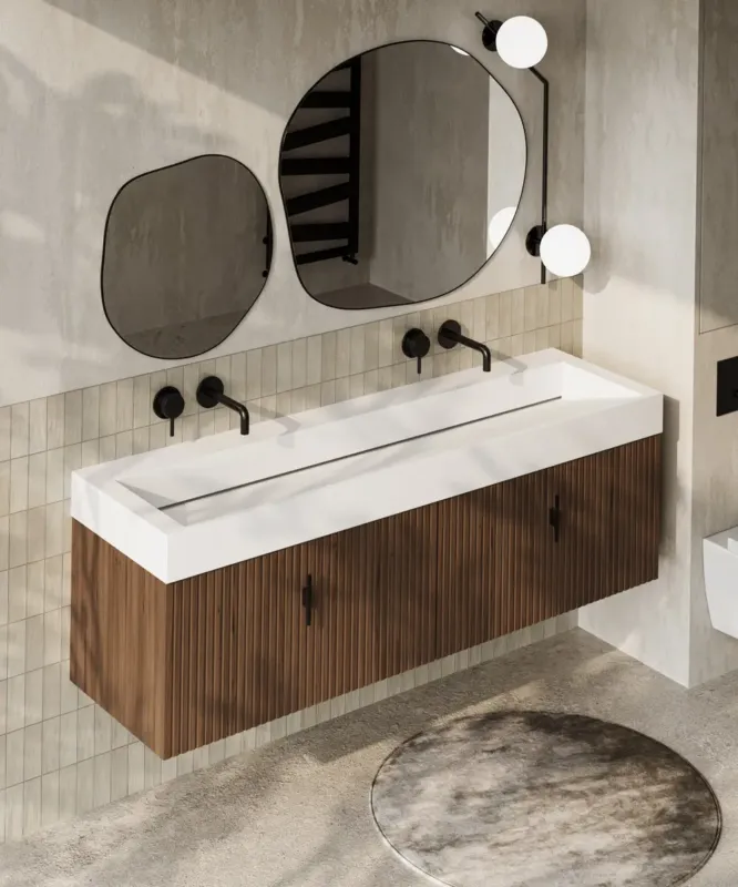 Nu Kopen Muebles Calas badmeubel ribbelfront 160cm walnoot met solid surface wastafel zonder kraangaten