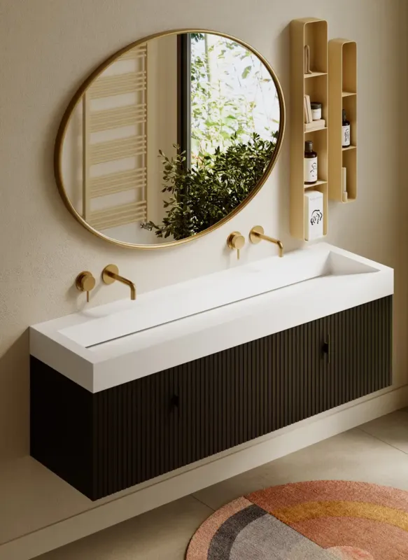 Uitverkoop Muebles Calas badmeubel ribbelfront 160cm zwart mat met solid surface wastafel zonder kraangaten