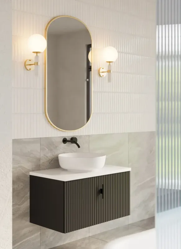 Uitverkoop Muebles Ezra badmeubel ribbelfront 80cm zwart mat met wit toppaneel zonder waskom