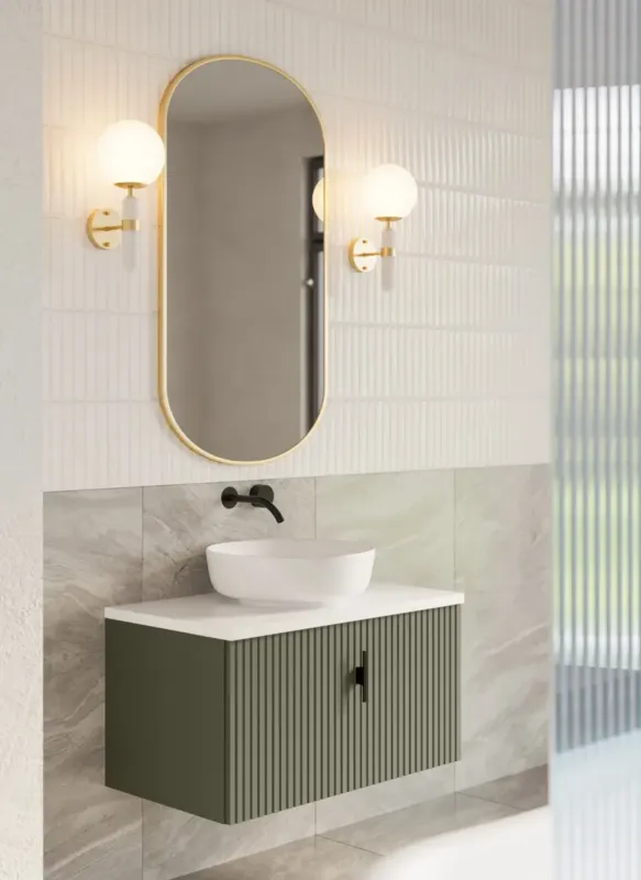 Weekendaanbieding Muebles Ezra badmeubel ribbelfront 80cm legergroen met wit toppaneel zonder waskom